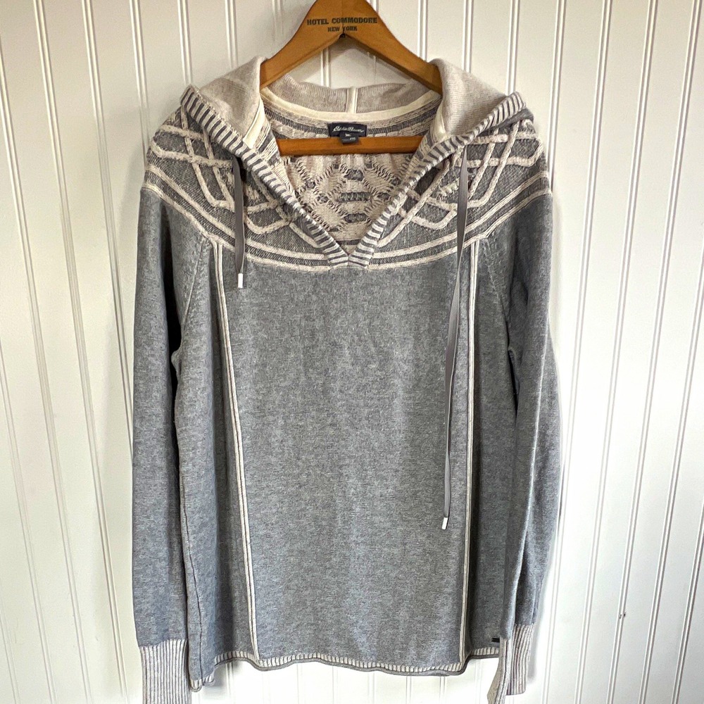 Eddie Bauer Women's 2XL Gray Knit Pullover Hoodie Geometric V-Neck Drawstring